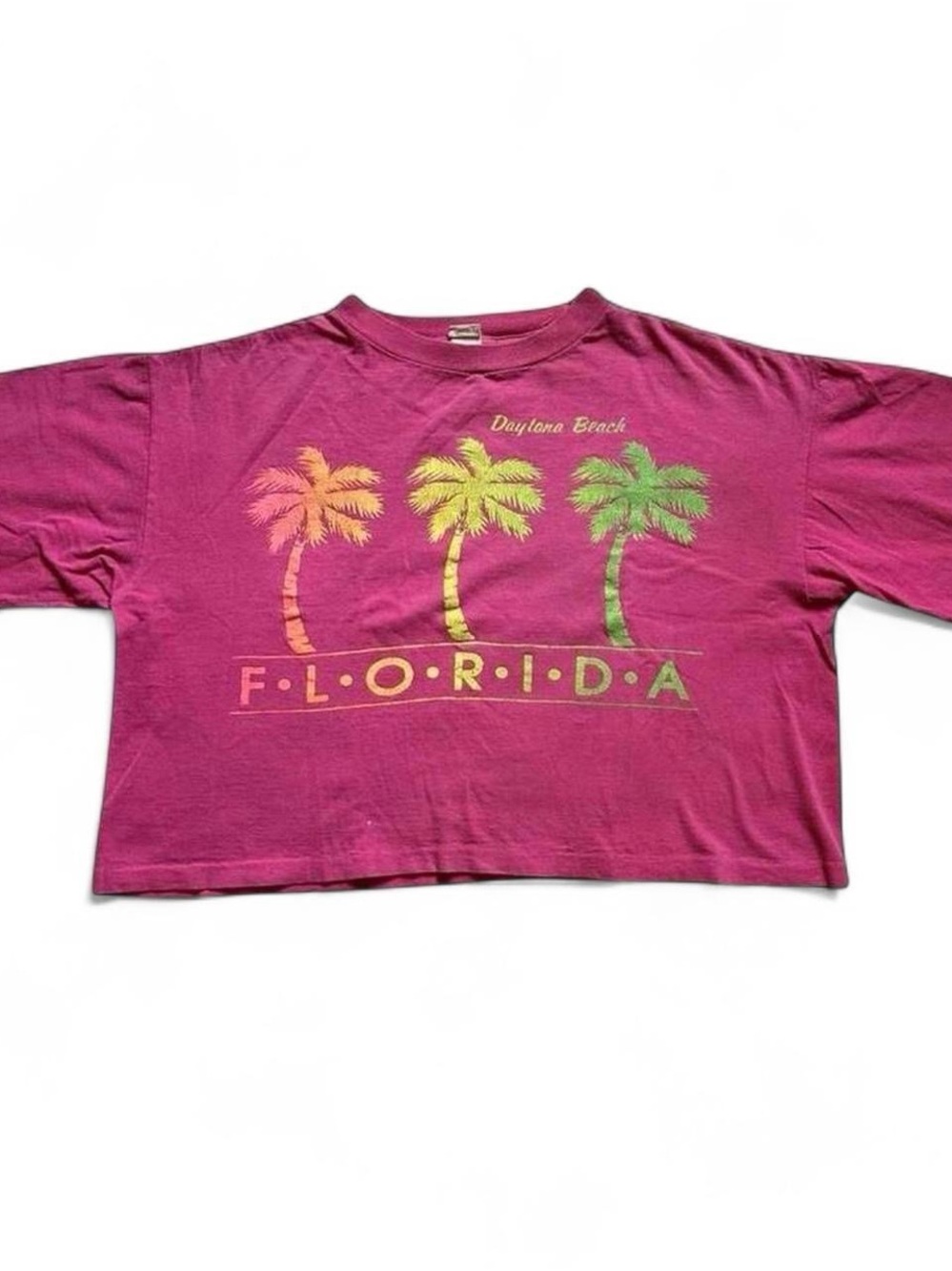 Vintage 1990s Florida Daytona Beach Palm Tree Graphic Crop Tee - Pink XL